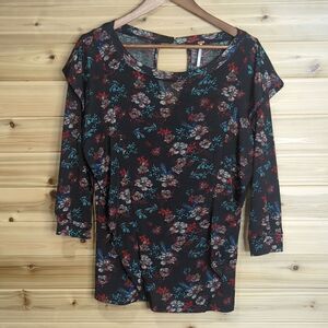 Free People Womens Top Medium Black Floral Dock Street Top Ruffle